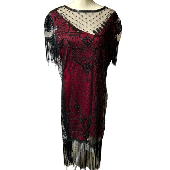 MISSCHEN 1920s plus size 3XL Sequin Gatsby Dress with Sleeve red/black w fringe - Picture 1 of 6
